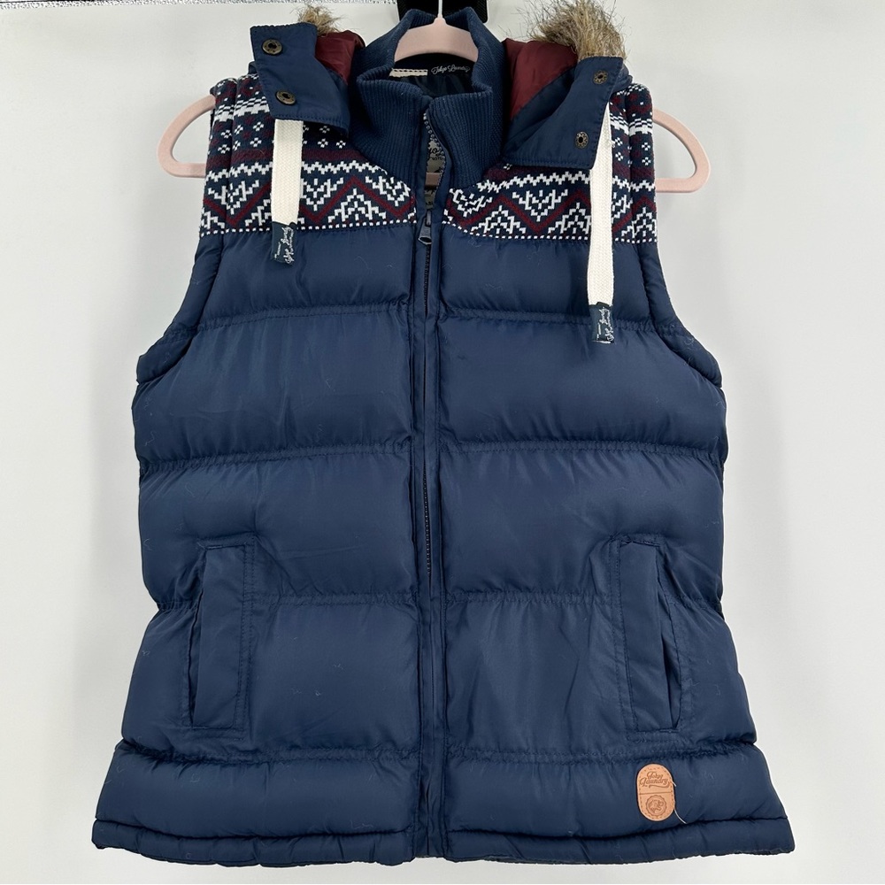 Navy Blue Women's Puffer Vest with Patterned Yoke